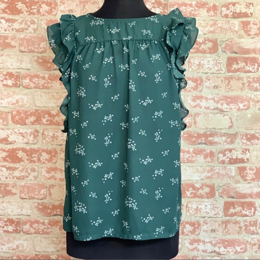 LOFT XL Hunter Green White Ditsy Floral Double Ruffle Cap Sleeve Top